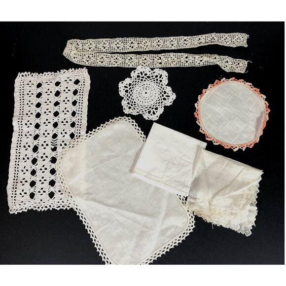 Doily Lot of7, White Ivory Vintage Cottage Cabin Lace Chair Back Handkerchief - Picture 1 of 14